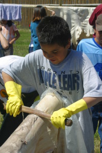 Taking a hand at scraping a moose hide